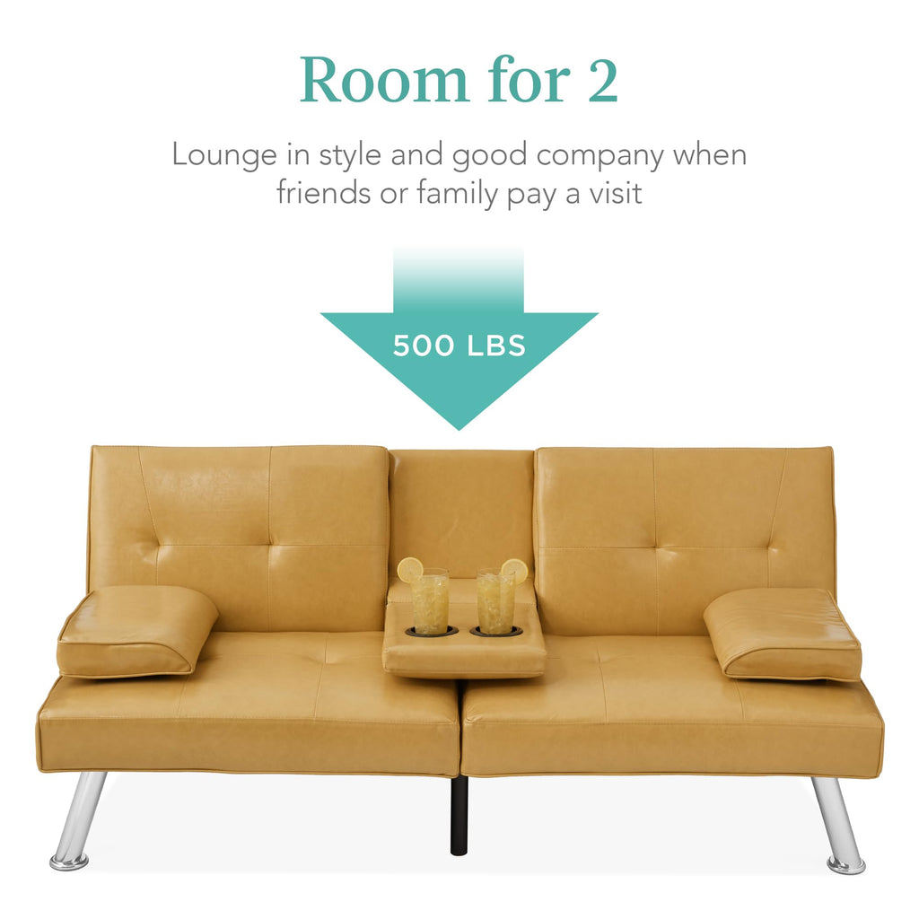 Best Choice Products Faux Leather Upholstered Modern Convertible Futon, Adjustable Folding Sofa Bed, Guest Bed W/Removable Armrests - Camel Yellow