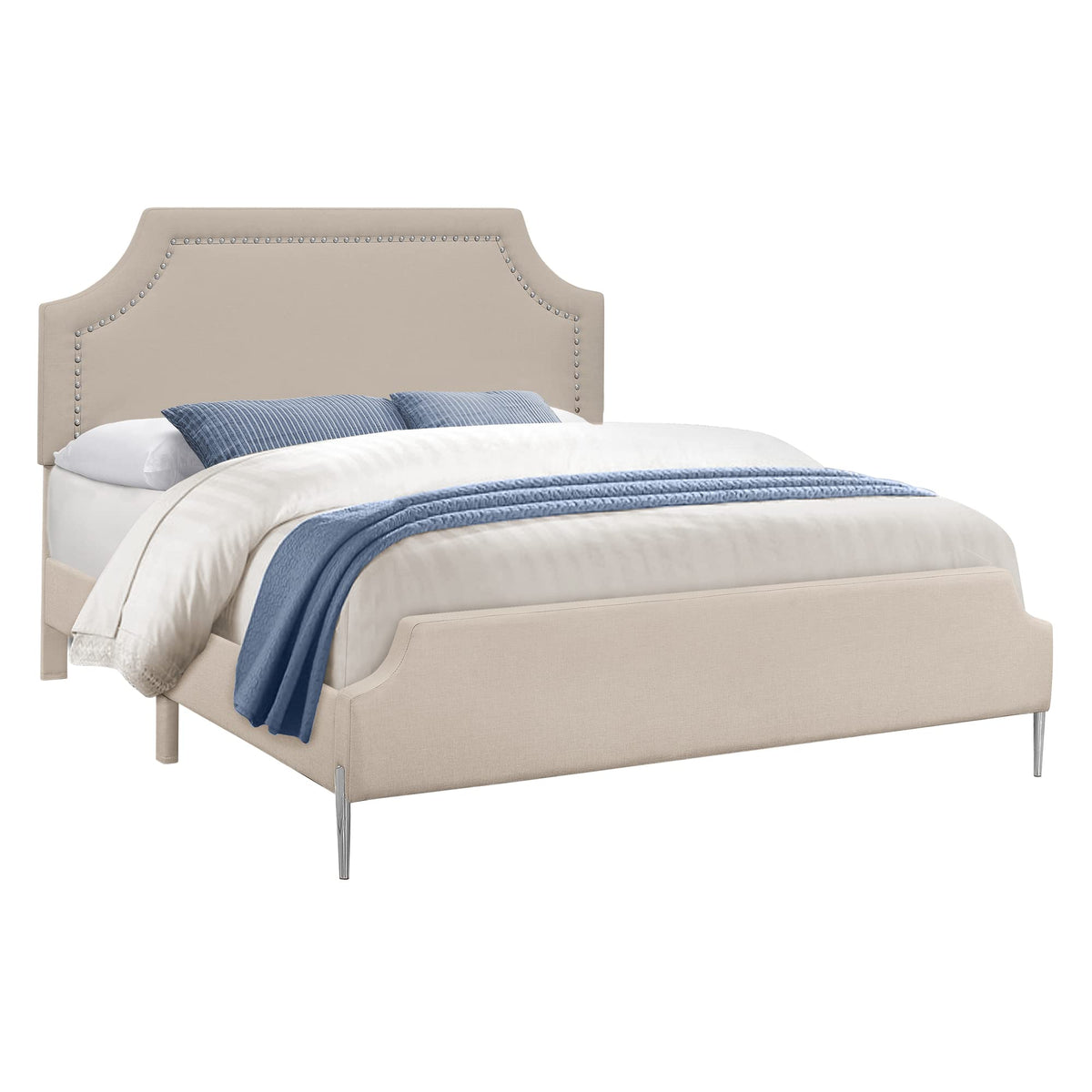 Monarch Specialties I 6036q Bed, Queen Size, Bedroom, Frame, Upholstered, Beige Linen Look, Chrome Metal Legs, Transitional