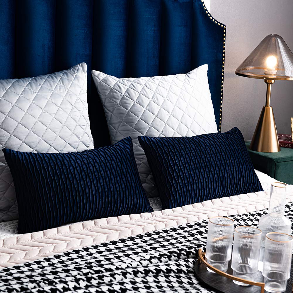 Dezene Navy Striped Couch Pillow Cases: 2 Pack 12X20 Inch Original Velvet Rectangular Throw Pillow Covers For Farmhouse Home Dec