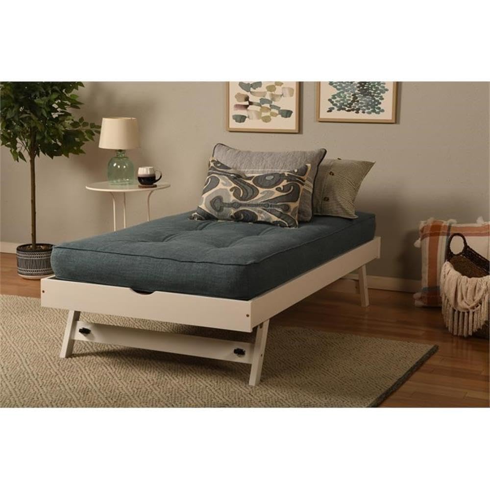 Kodiak Furniture Boho Wood Pop Up Bed in White with Linen Aqua Mattress