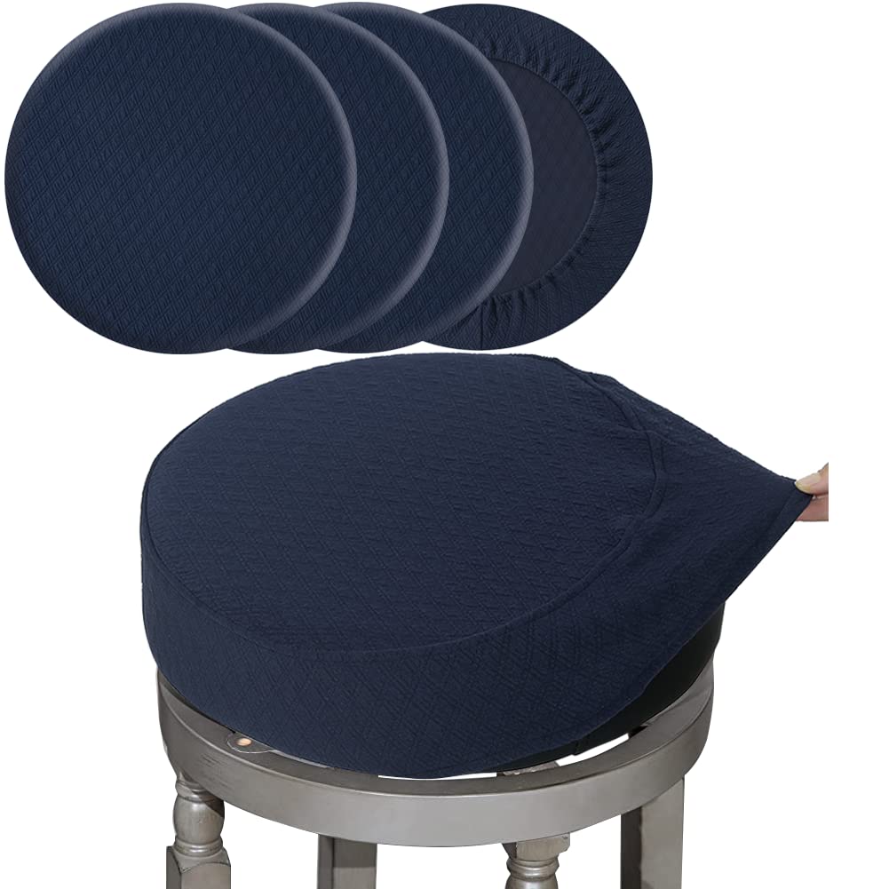 Buyue 4 Pcs Bar Stool Covers, Luxury Fabric Dia.16-18' Round Stretchy Crease-Resistant Washable Jacquard Dustproof Stool Seat Slipcover, L-Navy Blue-Set Of 4