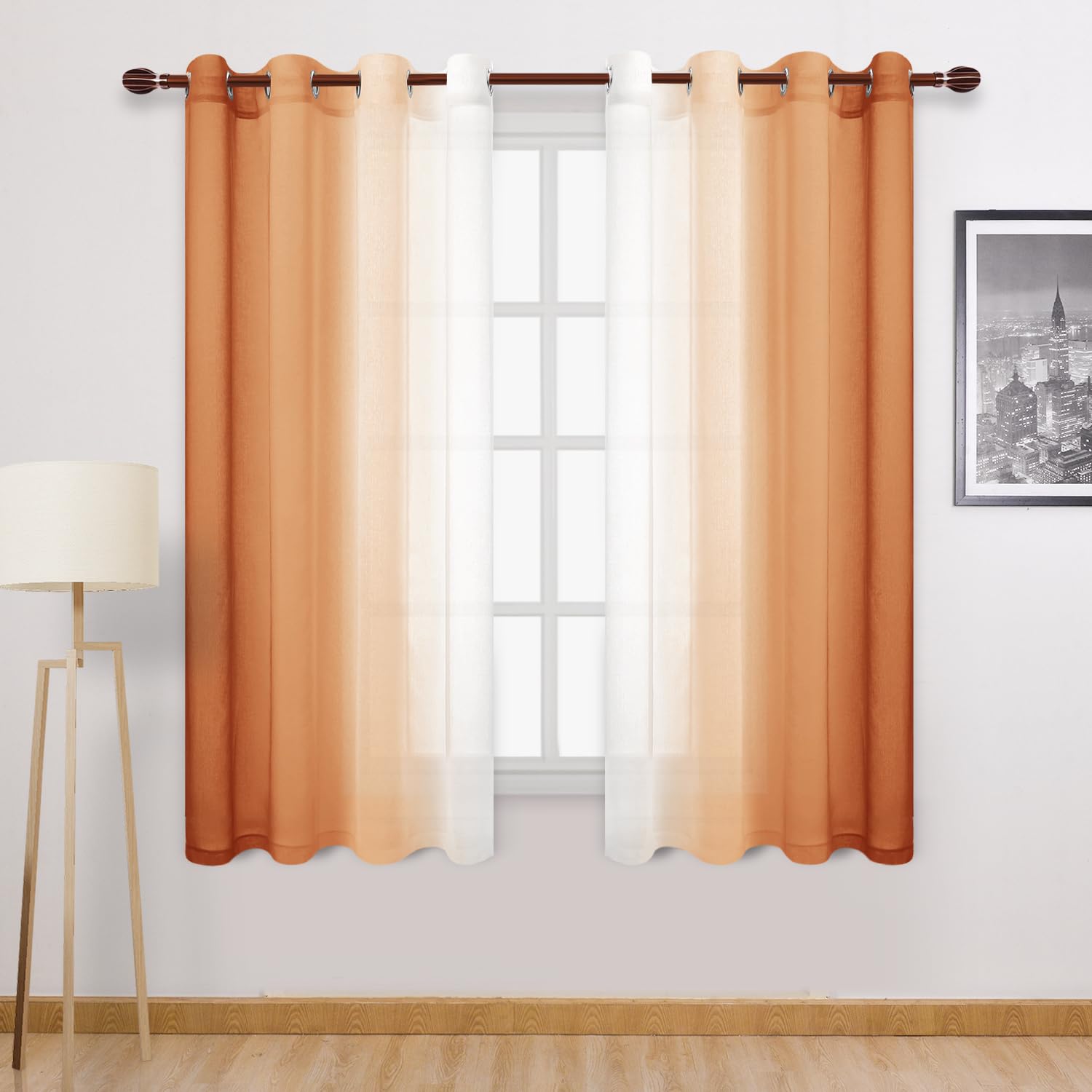 Dwcn Faux Linen Ombre Sheer Curtains - Fall Gradient Semi Voile Curtains For Bedroom And Living Room, Set Of 2 Grommet Top Windo