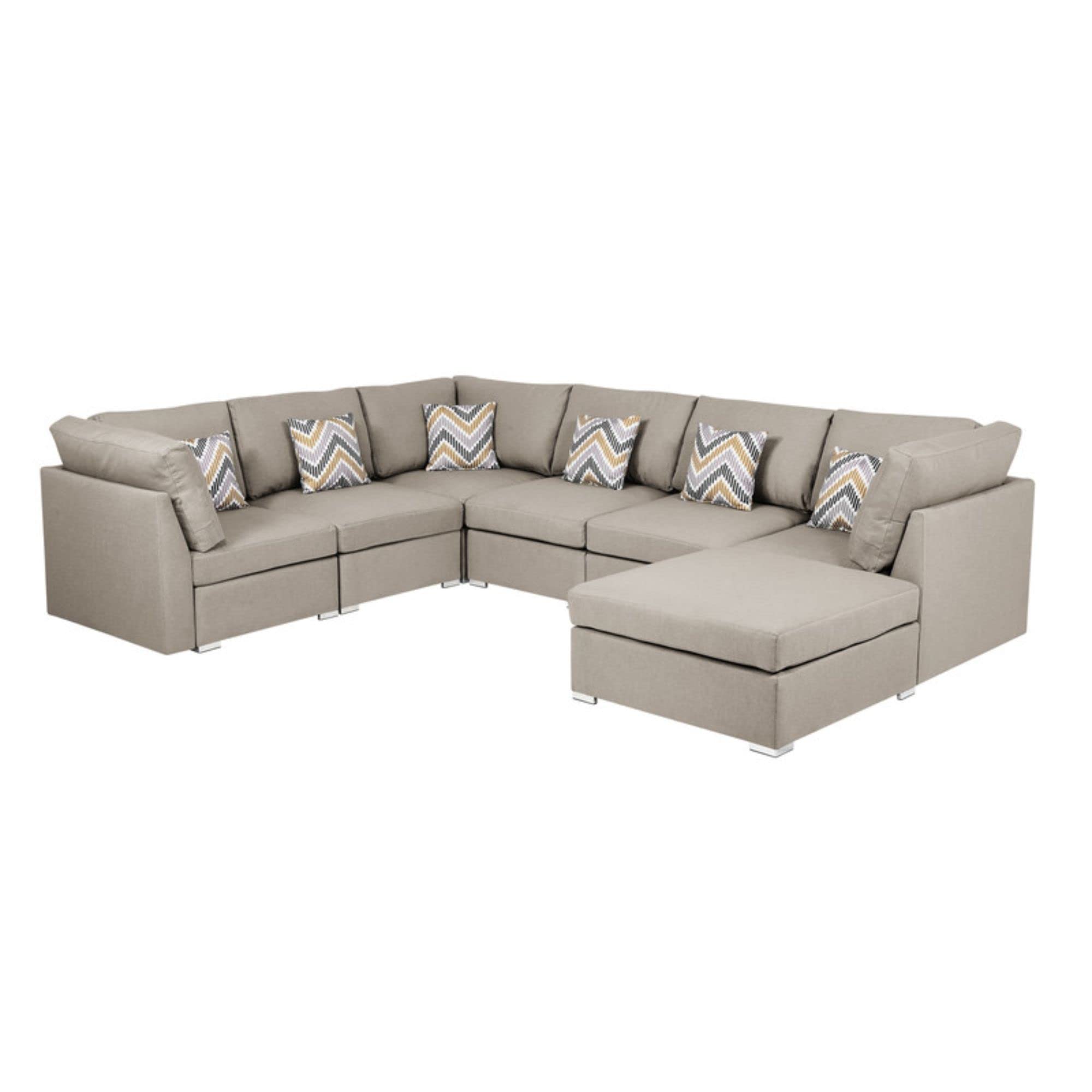 Lilola Home Amira Beige Fabric Reversible Modular Sectional Sofa with Ottoman and Pillows