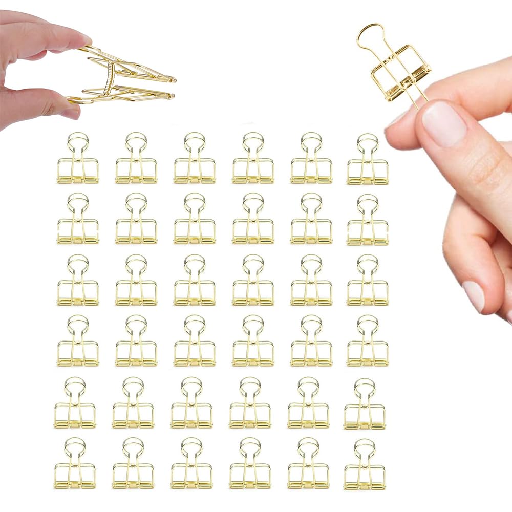 Small Binder Clips, 36 Pack, 3/4 Inch, Standard 19Mm, Hollow Out Gold, Capacity 0.31 Inch, Fold Clamp, Wire Clip, Paper Clips, O