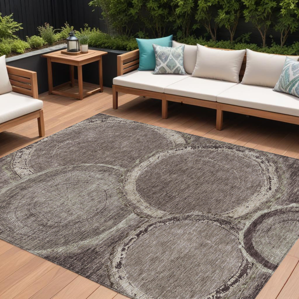 10' X 14' Chocolate And Beige Faux Bois Washable Indoor Outdoor Area Rug