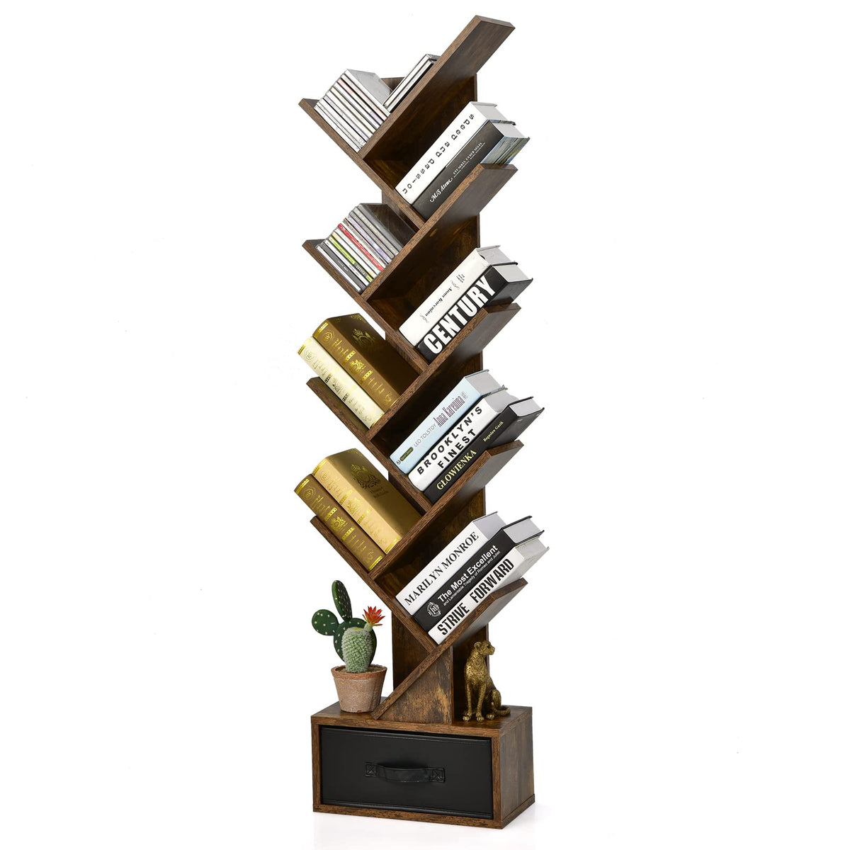Giantex Tree Bookshelf With Drawer, 10 Shelf Space Saving Rustic Brown Wooden Bookcase, Freestanding Retro Wood Storage Rack, Decorative Bookshelf With Storage