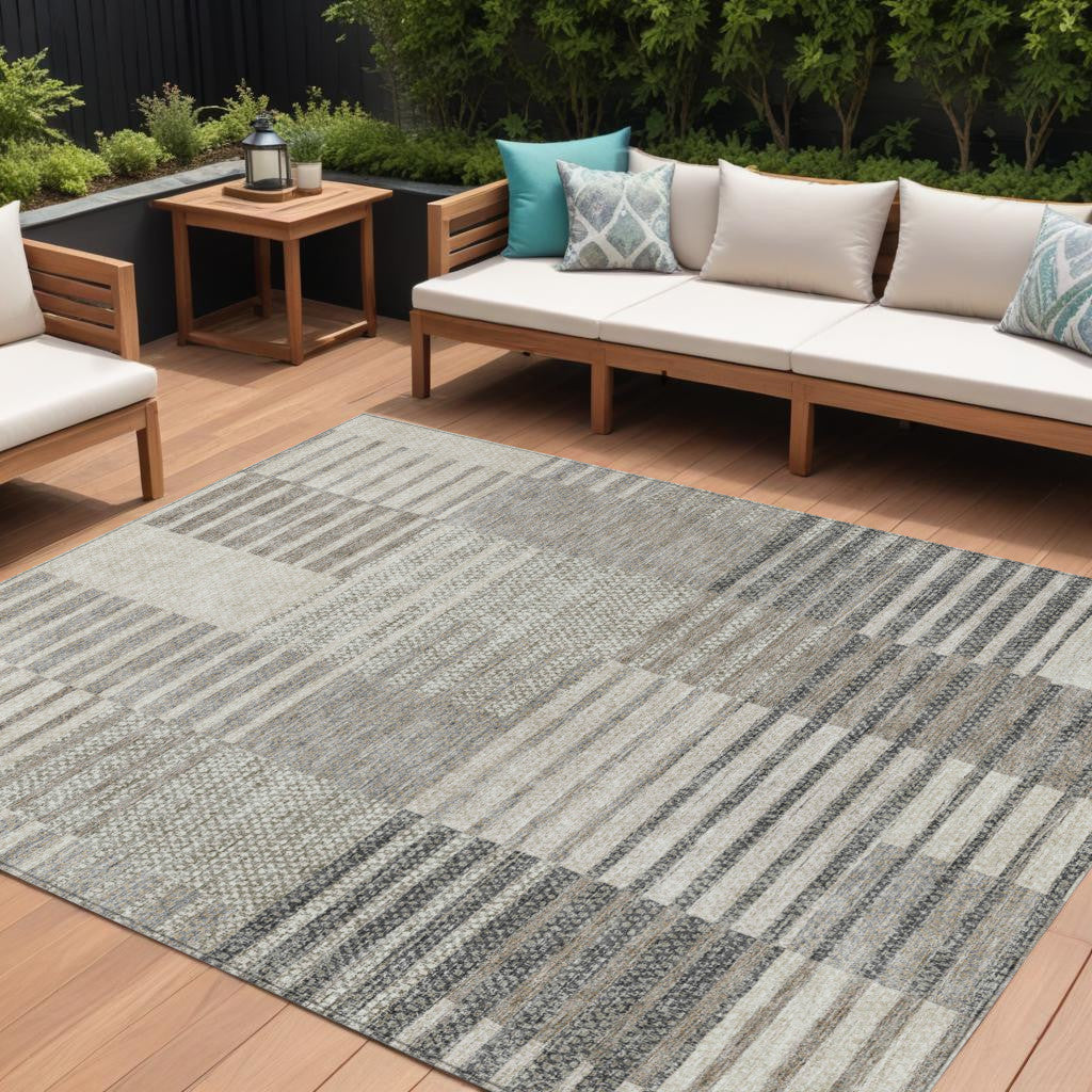 10' X 14' Beige Ivory And Taupe Striped Washable Indoor Outdoor Area Rug