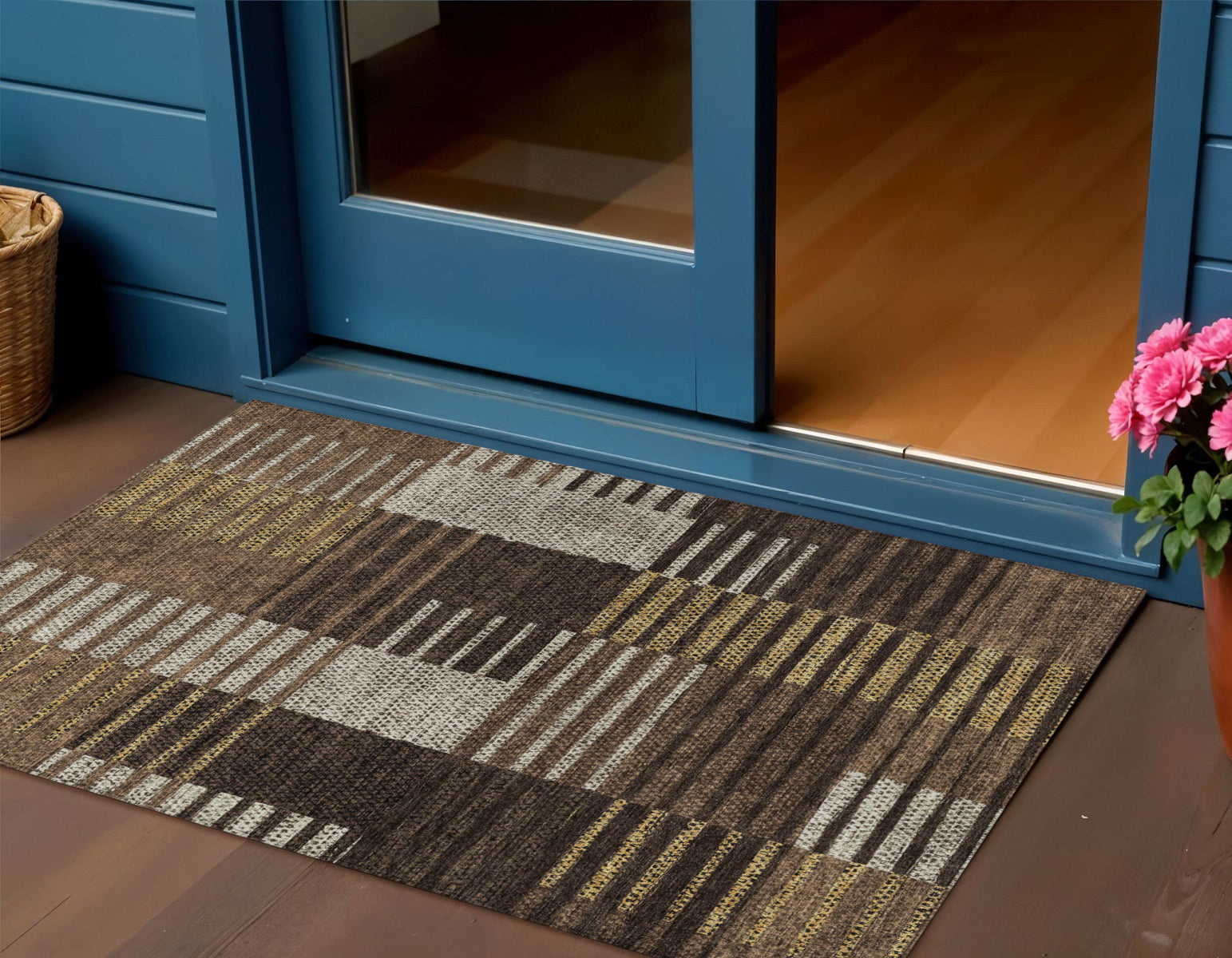 3' X 5' Chocolate Ivory And Gold Striped Washable Indoor Outdoor Area Rug
