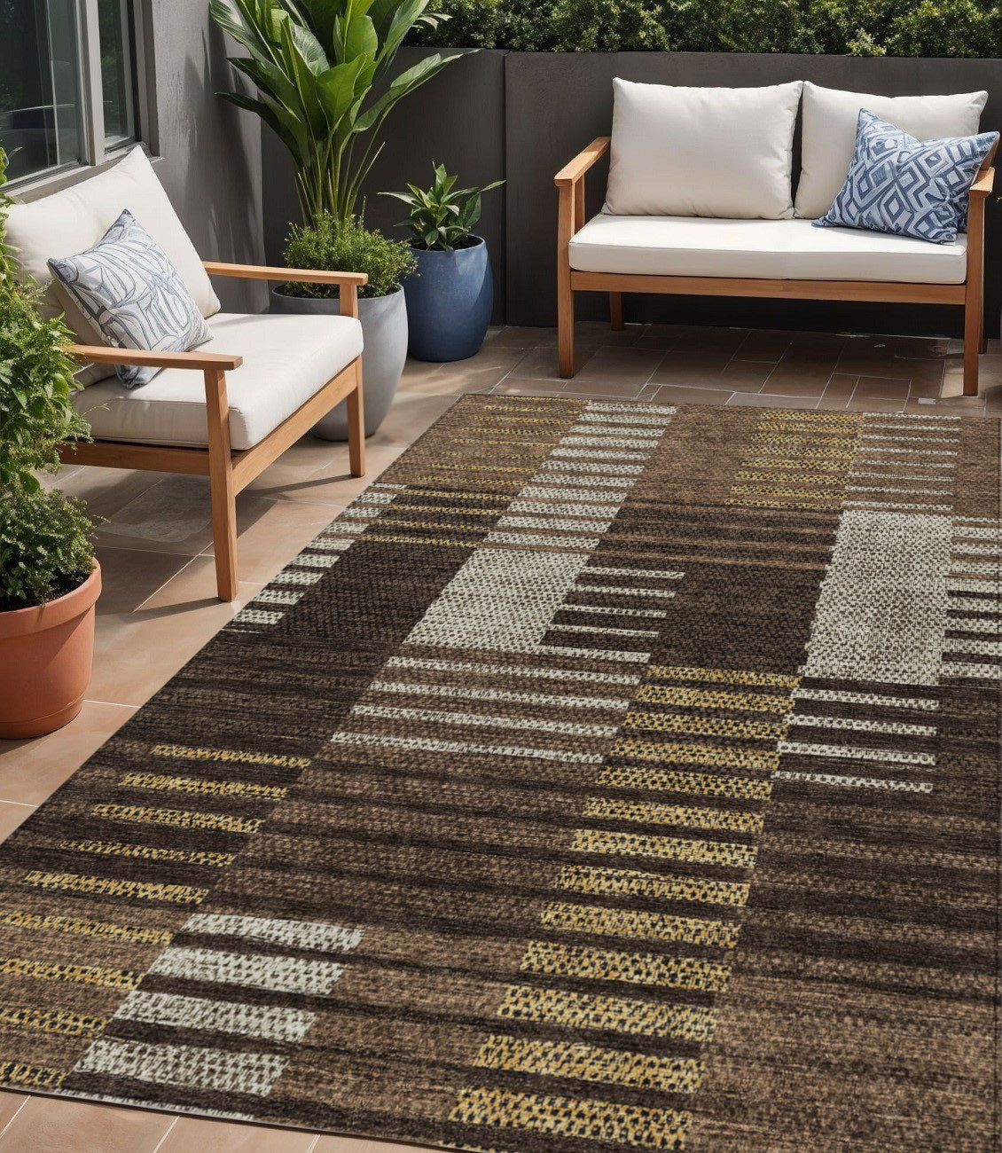 5' X 8' Chocolate Ivory And Gold Striped Washable Indoor Outdoor Area Rug