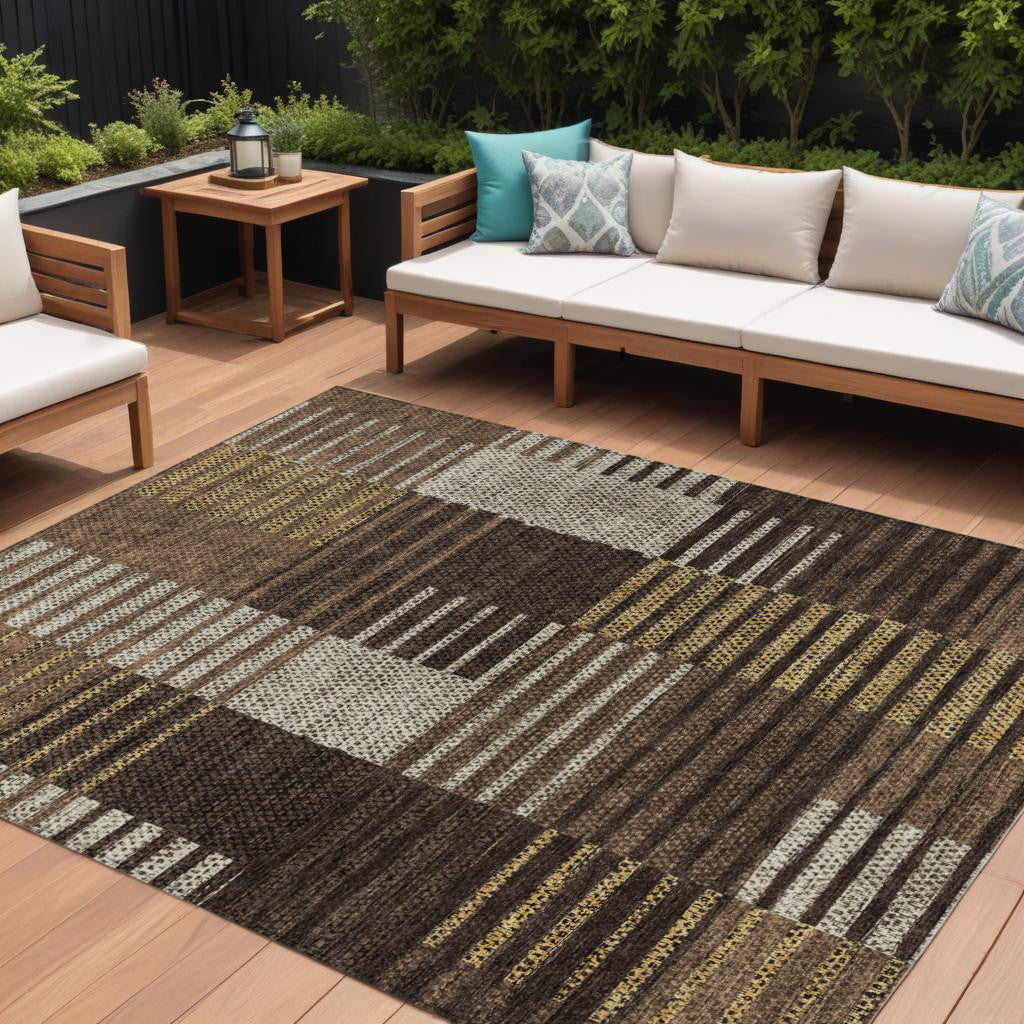 9' X 12' Chocolate Ivory And Gold Striped Washable Indoor Outdoor Area Rug