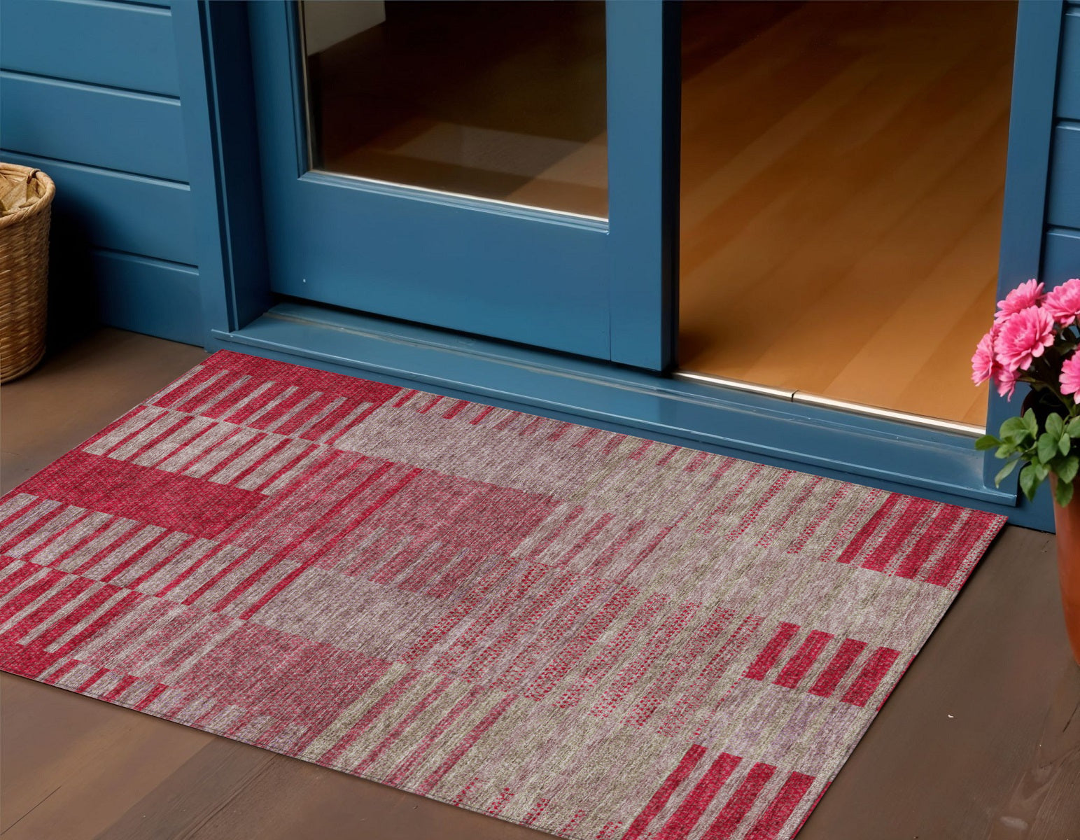 3' X 5' Burgundy Pink And Blush Striped Washable Indoor Outdoor Area Rug