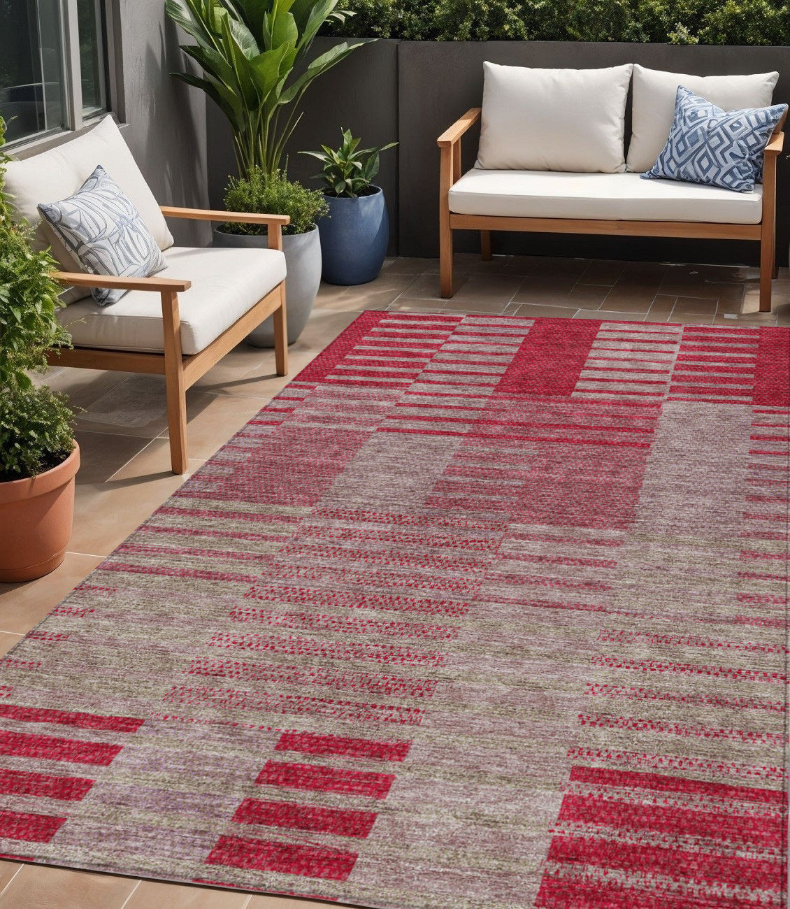 5' X 8' Burgundy Pink And Blush Striped Washable Indoor Outdoor Area Rug