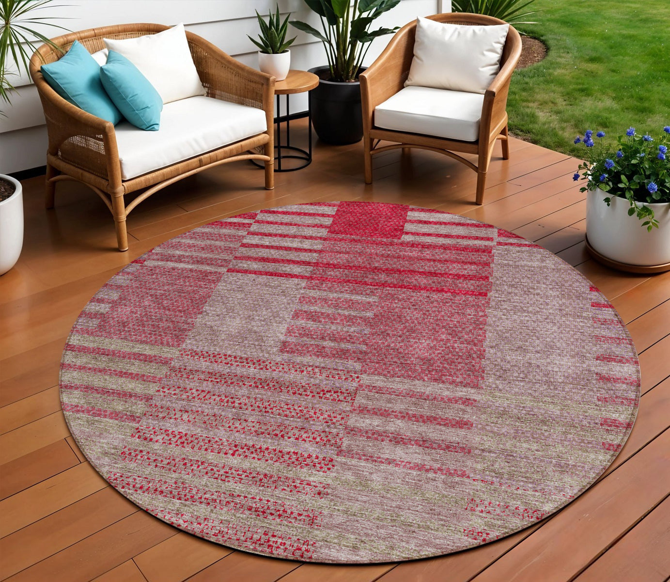 8' Burgundy Pink And Blush Round Striped Washable Indoor Outdoor Area Rug