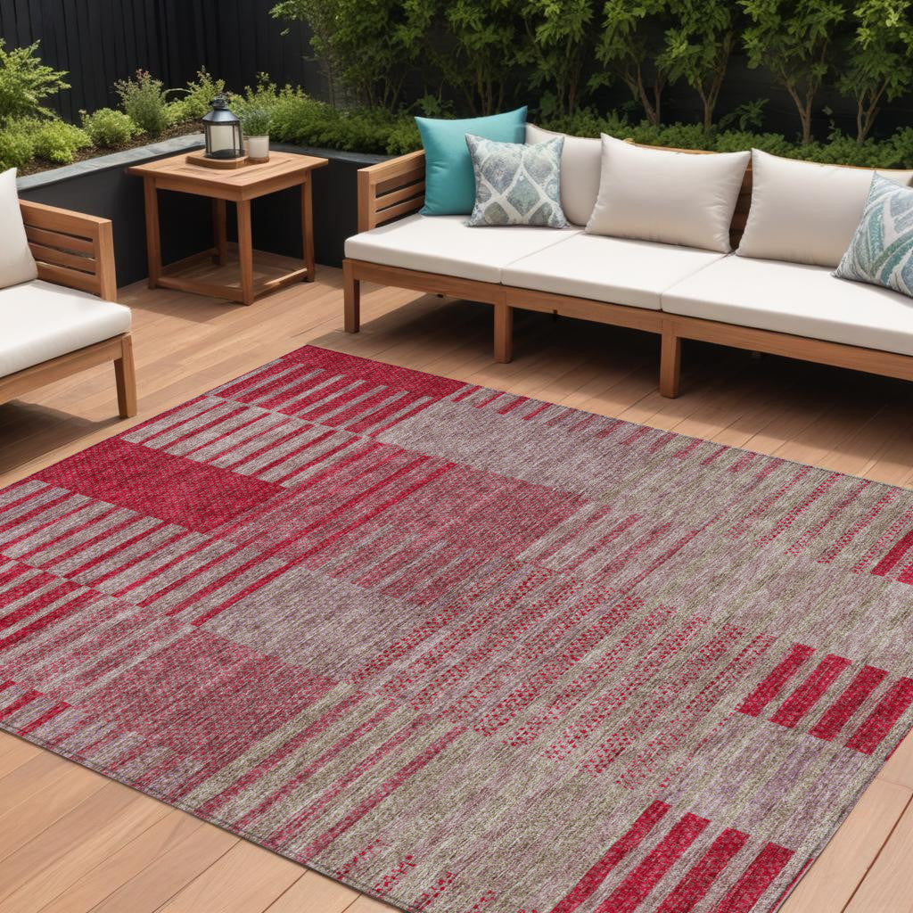 9' X 12' Burgundy Pink And Blush Striped Washable Indoor Outdoor Area Rug