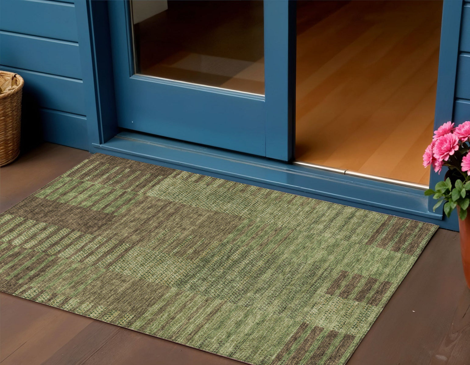 3' X 5' Brown Taupe And Green Striped Washable Indoor Outdoor Area Rug