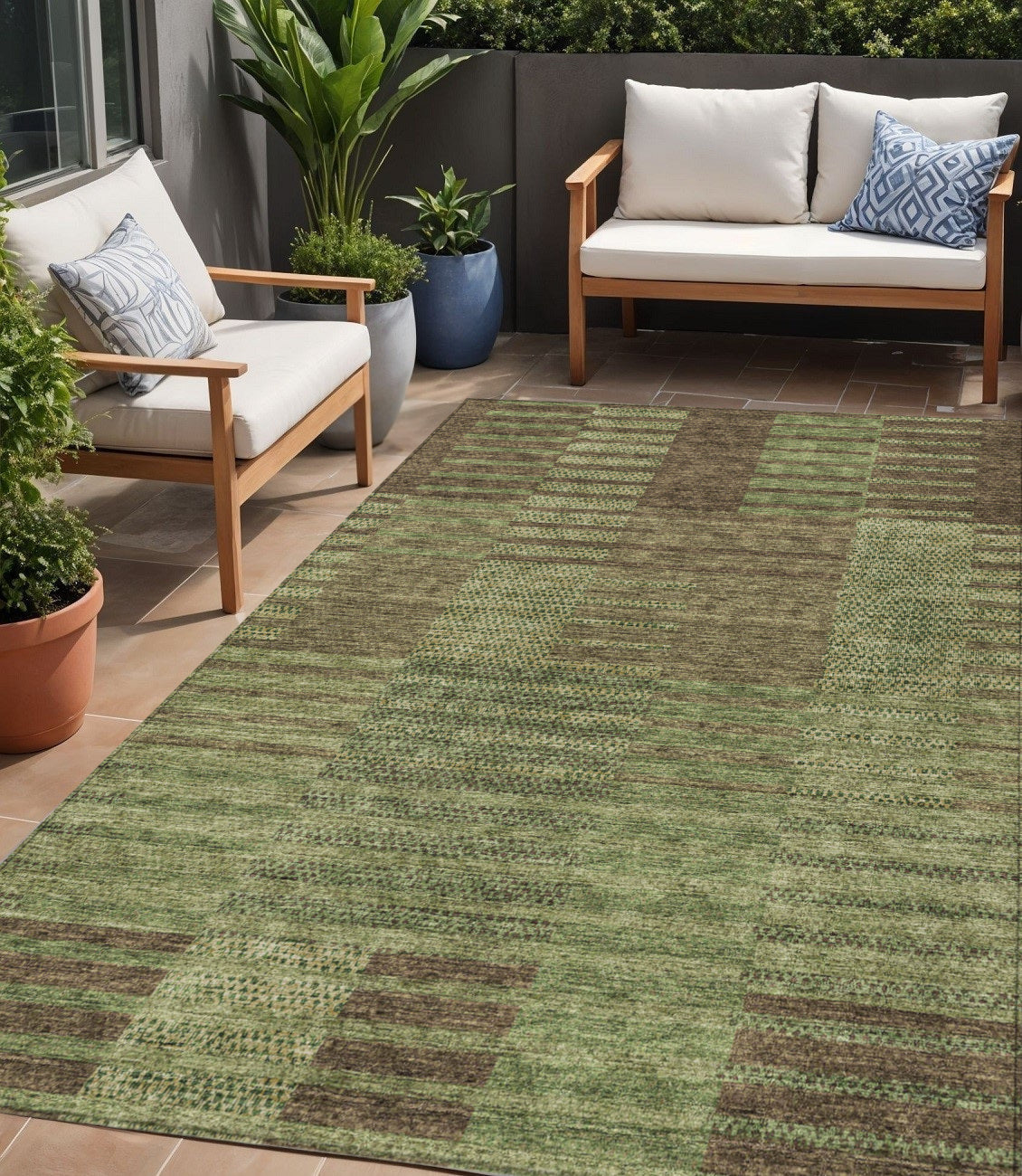 5' X 8' Brown Taupe And Green Striped Washable Indoor Outdoor Area Rug