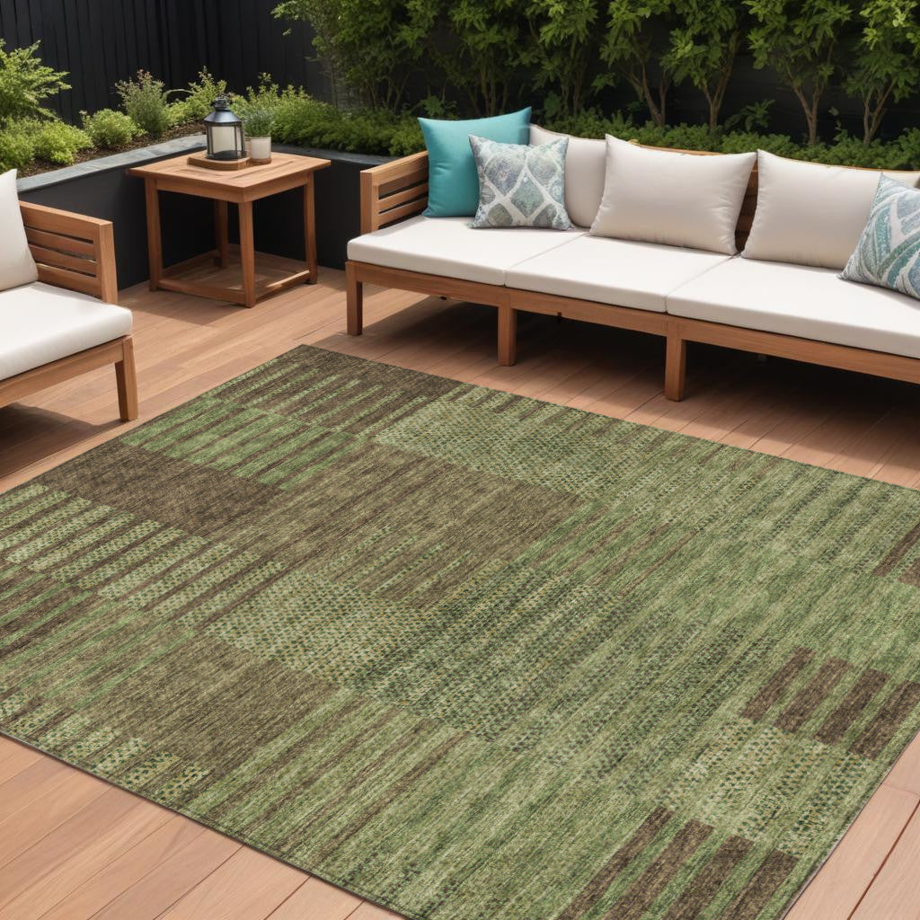 10' X 14' Brown Taupe And Green Striped Washable Indoor Outdoor Area Rug