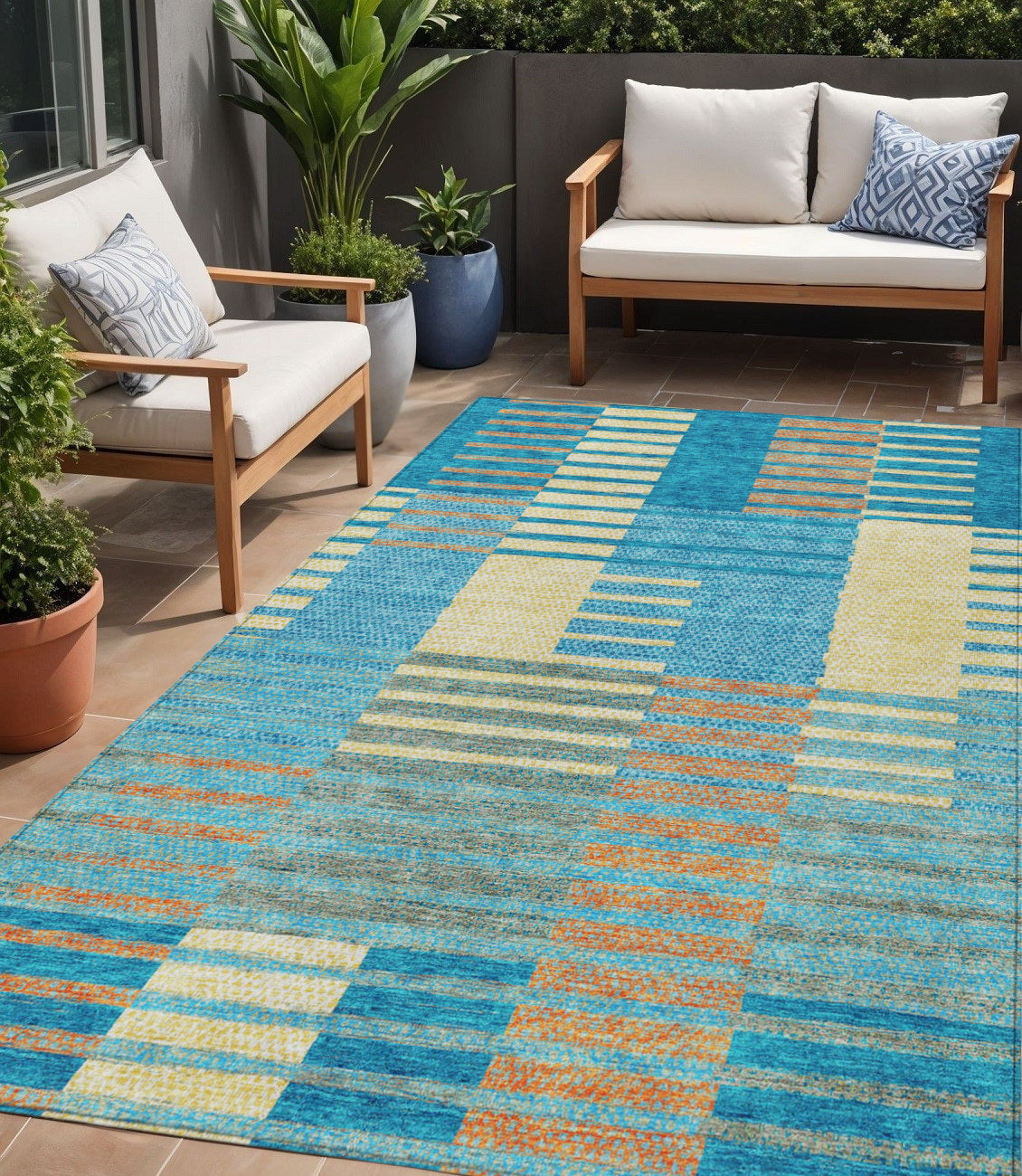 5' X 8' Teal Blue Orange And Sky Blue Striped Washable Indoor Outdoor Area Rug