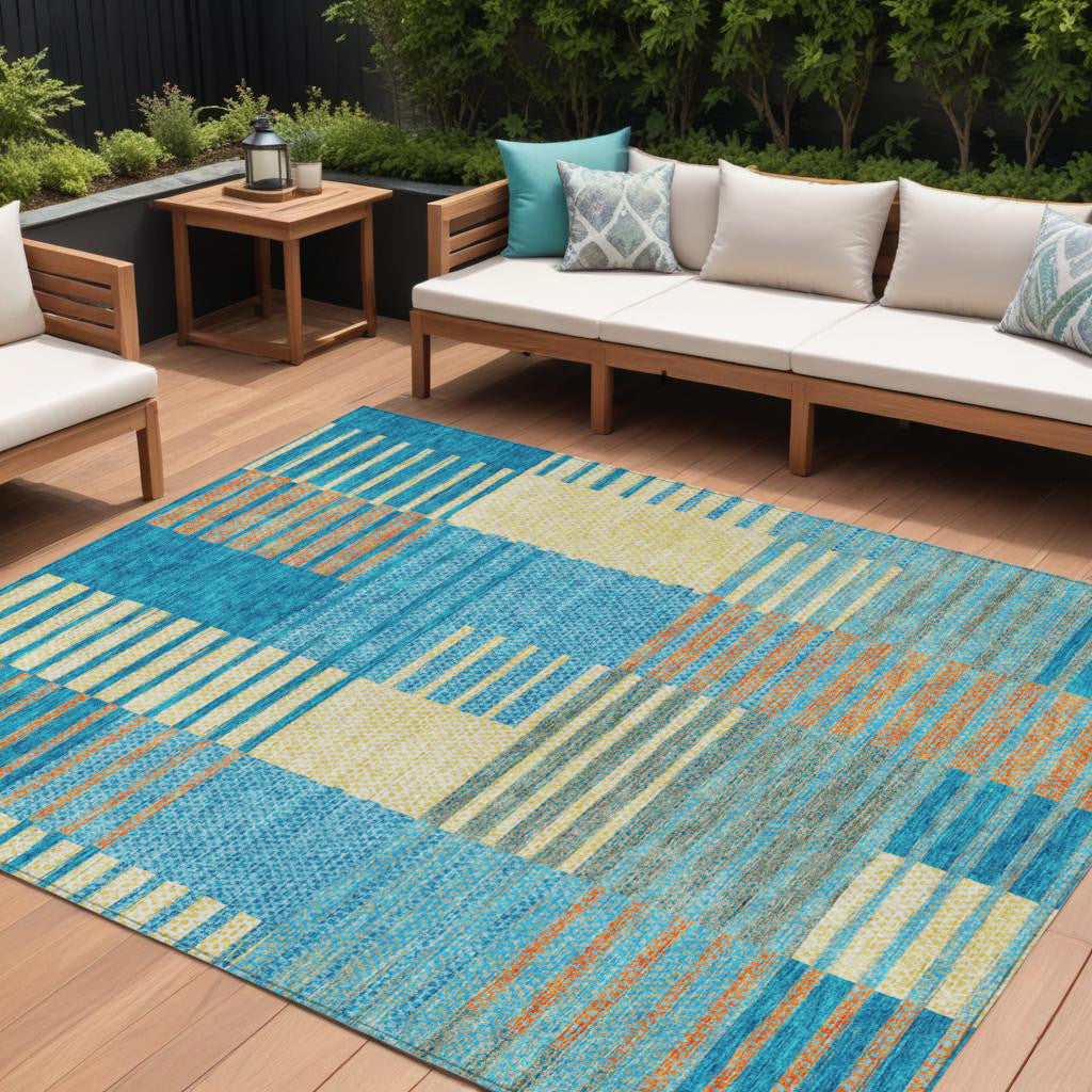 9' X 12' Teal Blue Orange And Sky Blue Striped Washable Indoor Outdoor Area Rug