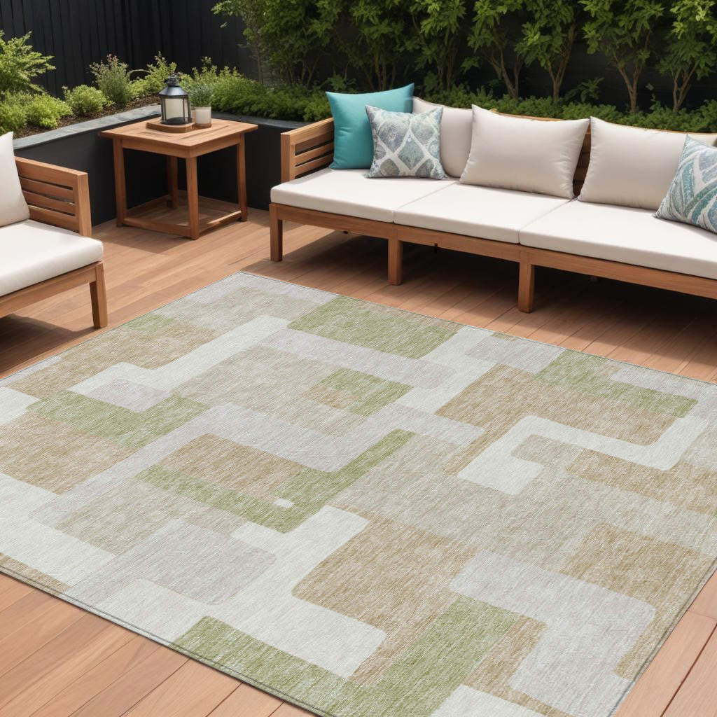 10' X 14' Beige Ivory And Sage Geometric Washable Indoor Outdoor Area Rug