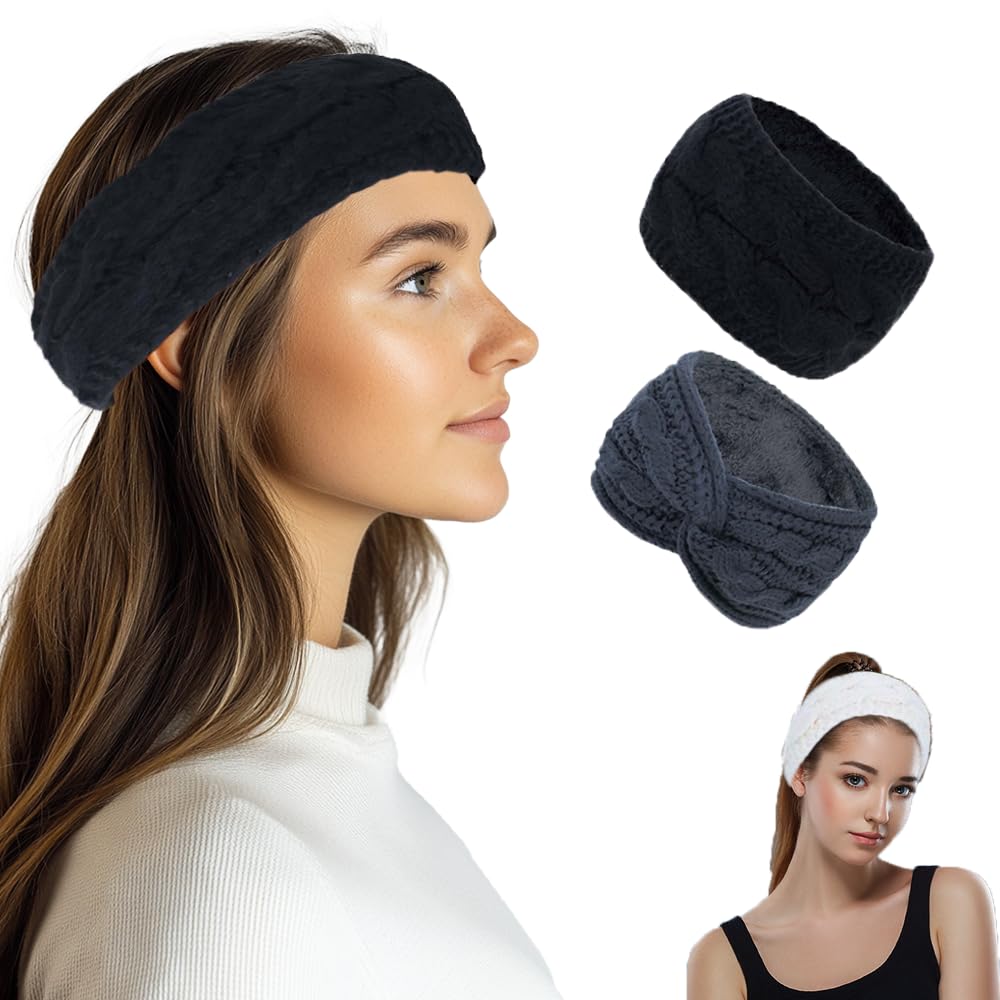ZH Winter Headbands for Women, Fleece Lined Ear Warmers Cozy Cable Knit Headbands Soft & Warm Head Wraps, Fleece Lined