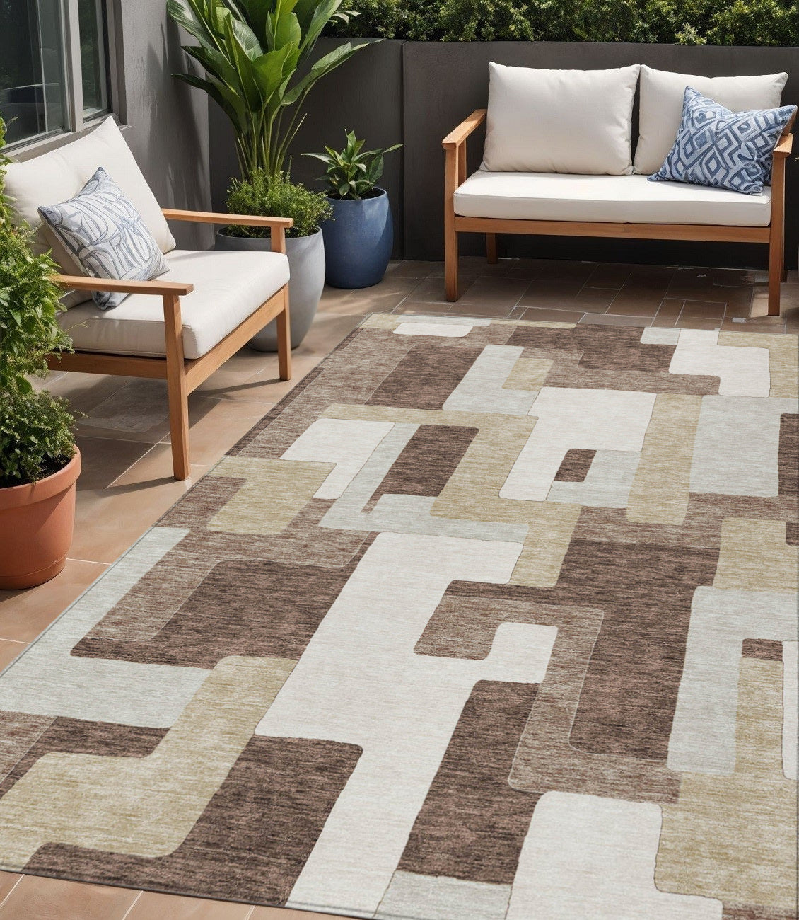 5' X 8' Brown Ivory And Taupe Geometric Washable Indoor Outdoor Area Rug