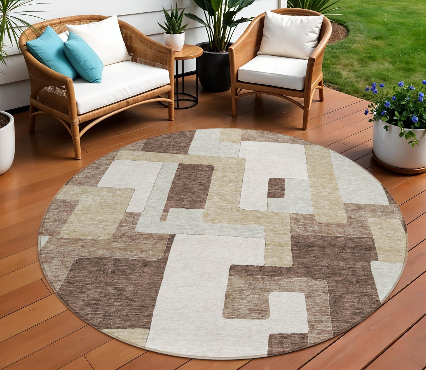 8' Brown Ivory And Taupe Round Geometric Washable Indoor Outdoor Area Rug