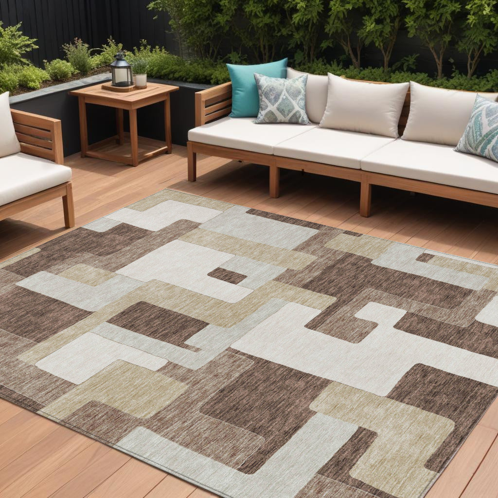 10' X 14' Brown Ivory And Taupe Geometric Washable Indoor Outdoor Area Rug