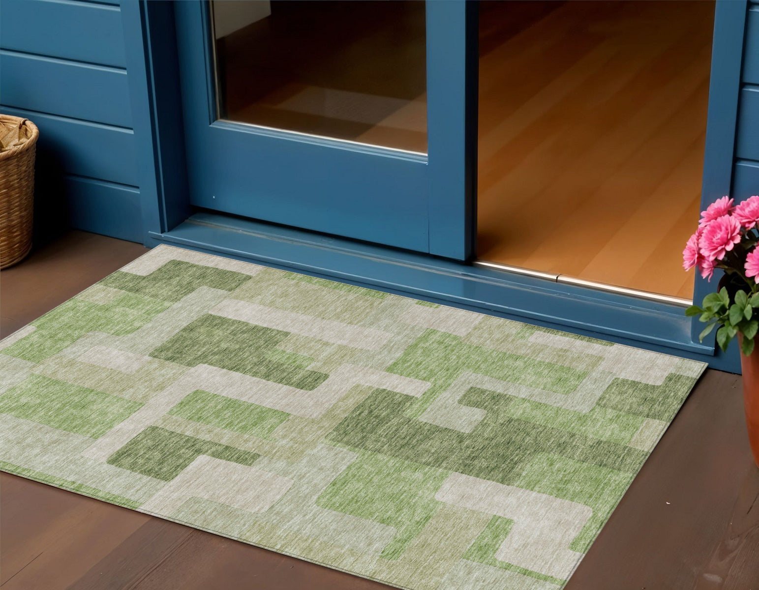 3' X 5' Green Sage And Beige Geometric Washable Indoor Outdoor Area Rug