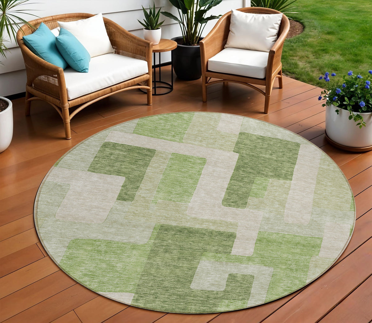 8' Green Sage And Beige Round Geometric Washable Indoor Outdoor Area Rug