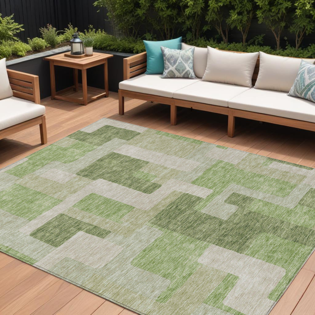 9' X 12' Green Sage And Beige Geometric Washable Indoor Outdoor Area Rug