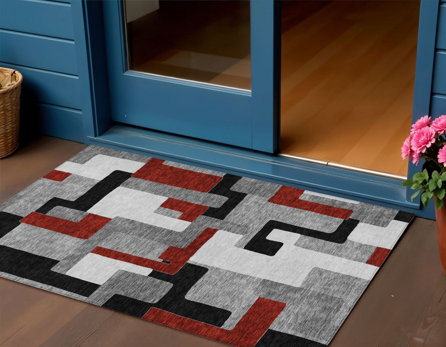 3' X 5' Gray Ivory And Red Geometric Washable Indoor Outdoor Area Rug