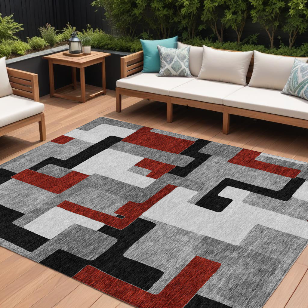 9' X 12' Gray Ivory And Red Geometric Washable Indoor Outdoor Area Rug