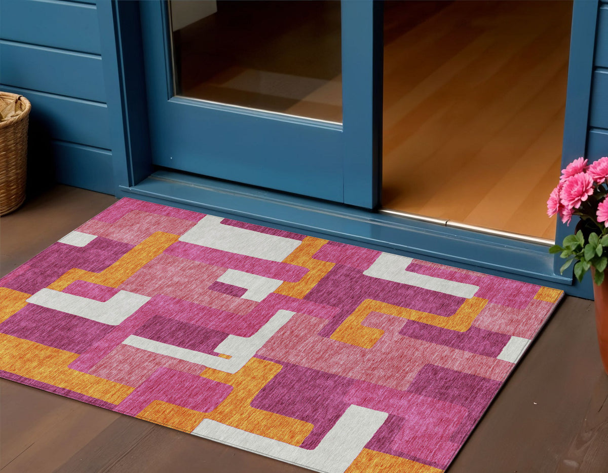 3' X 5' Pink Ivory And Orange Geometric Washable Indoor Outdoor Area Rug