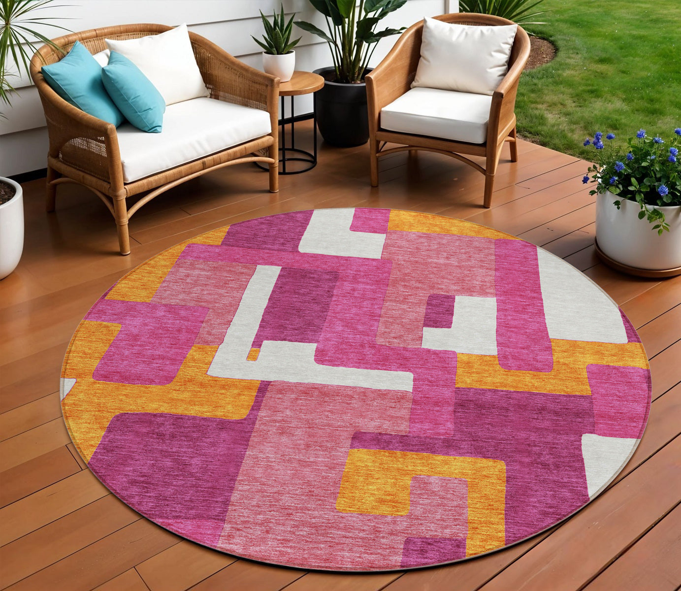 8' Pink Ivory And Orange Round Geometric Washable Indoor Outdoor Area Rug