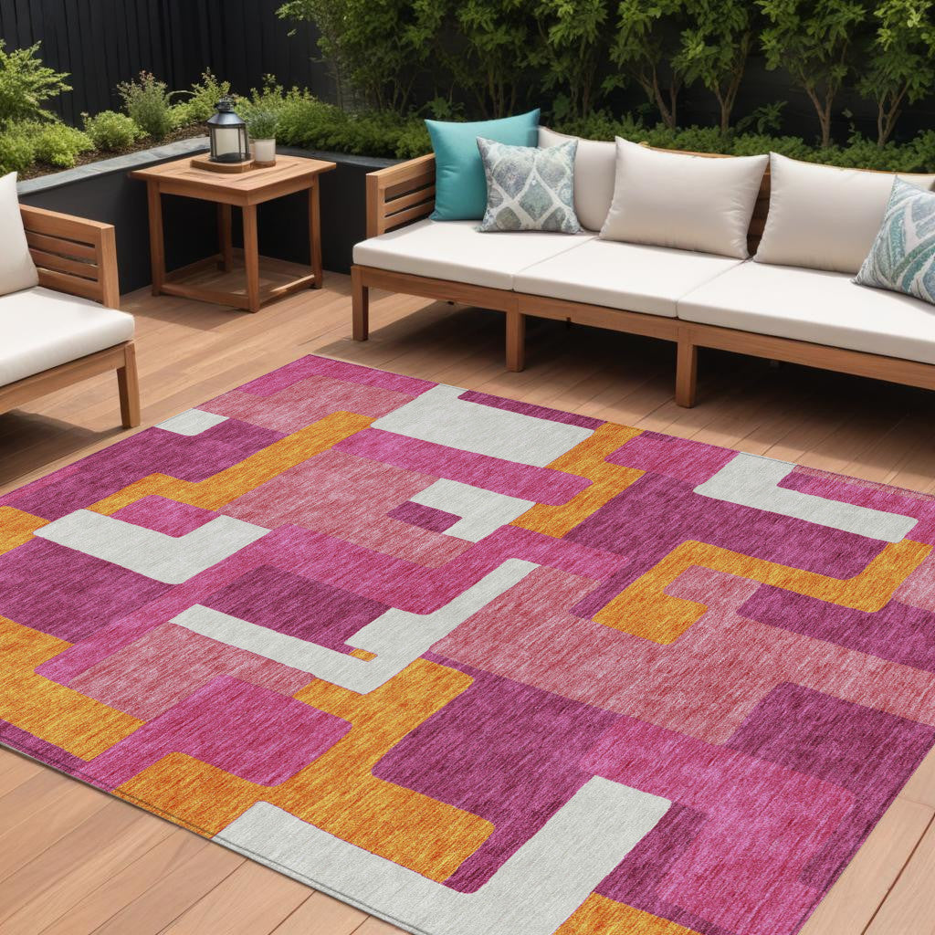 9' X 12' Pink Ivory And Orange Geometric Washable Indoor Outdoor Area Rug