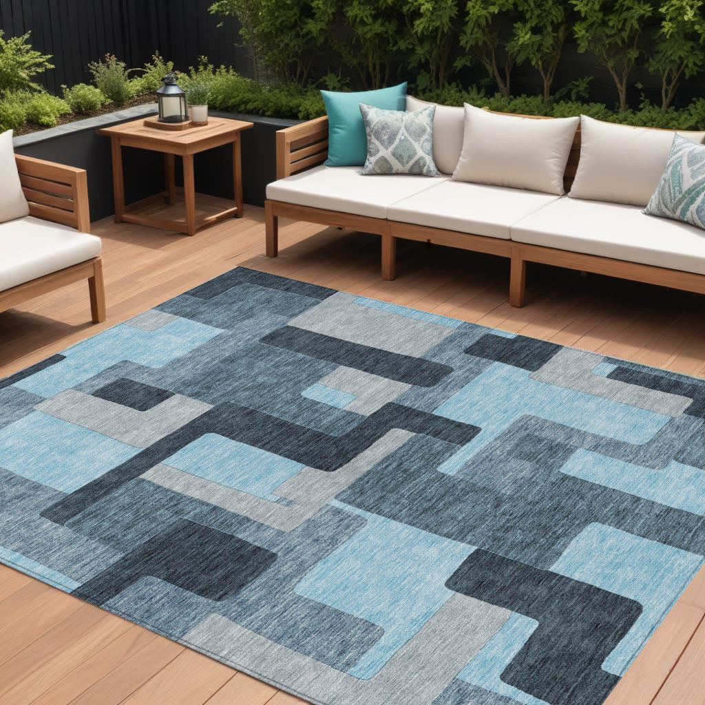 9' X 12' Sky Blue Denim Blue And Gray Geometric Washable Indoor Outdoor Area Rug