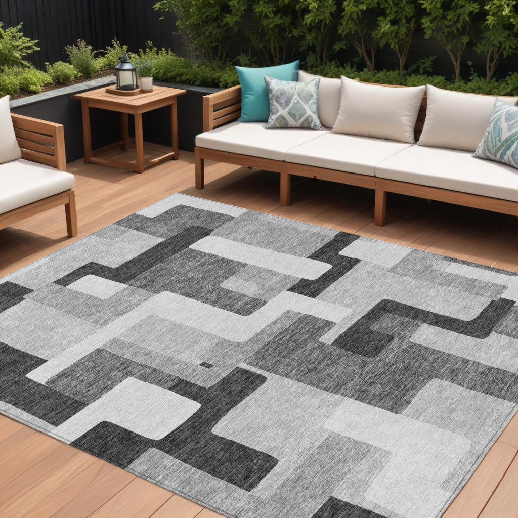 9' X 12' Silver Ivory And Charcoal Geometric Washable Indoor Outdoor Area Rug