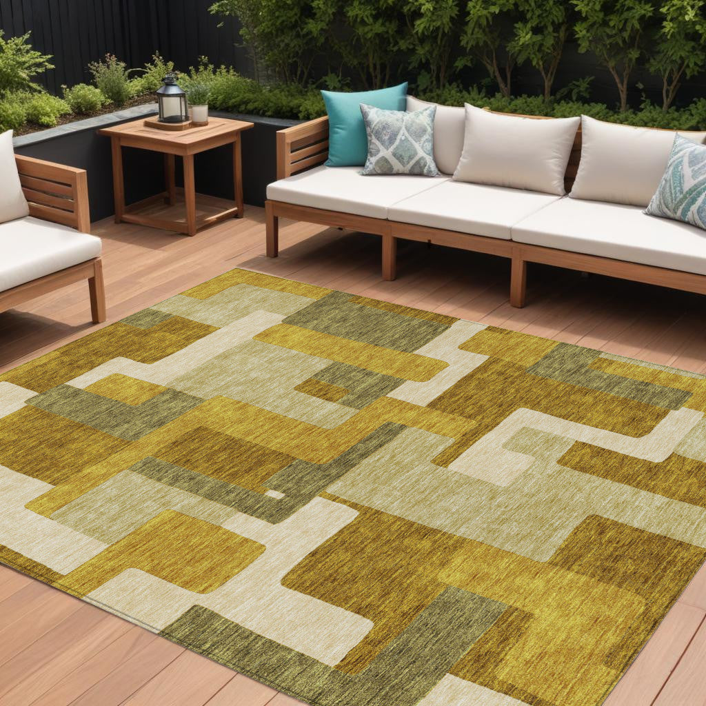 9' X 12' Wheat Ivory And Gold Geometric Washable Indoor Outdoor Area Rug