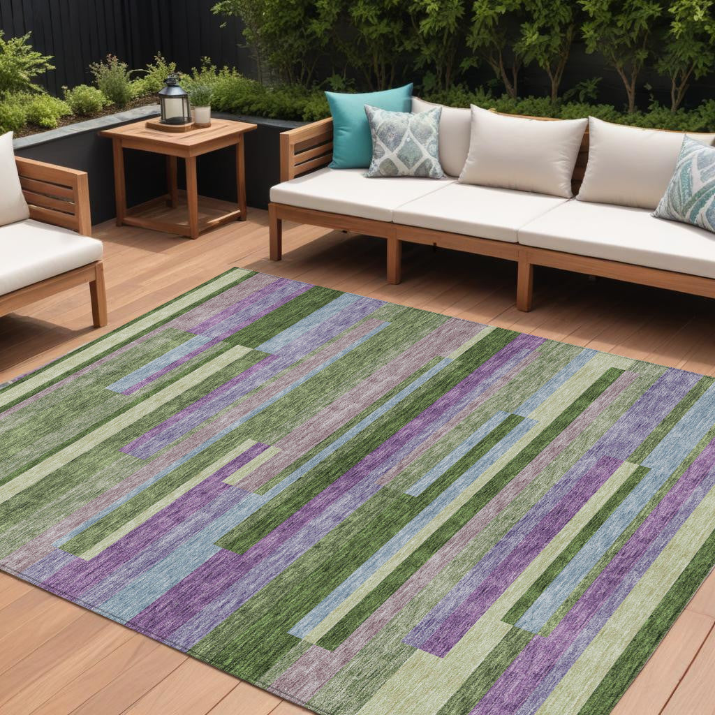 9' X 12' Moss Green Olive Green And Purple Striped Washable Indoor Outdoor Area Rug