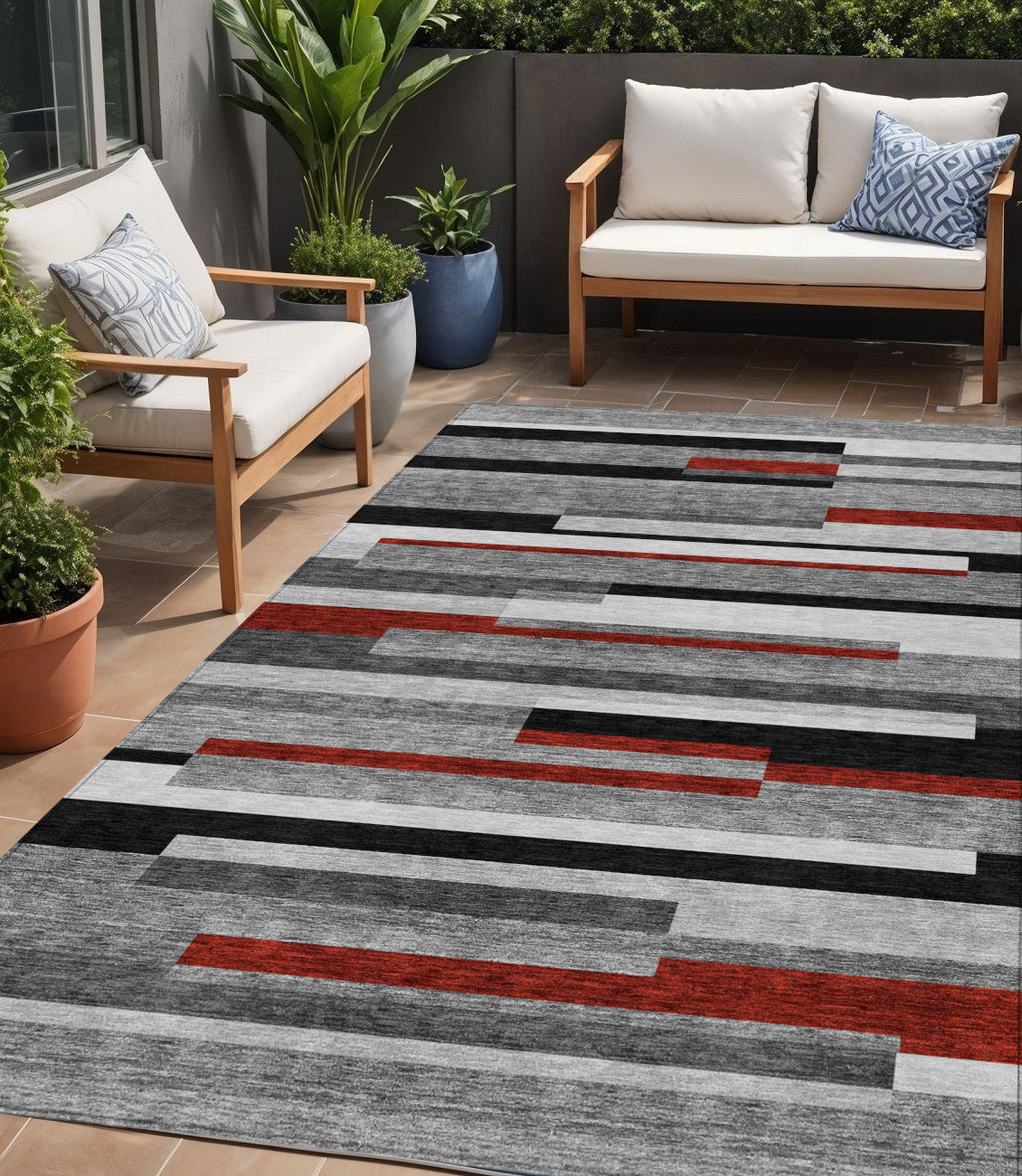 5' X 8' Gray Black And Red Striped Washable Indoor Outdoor Area Rug
