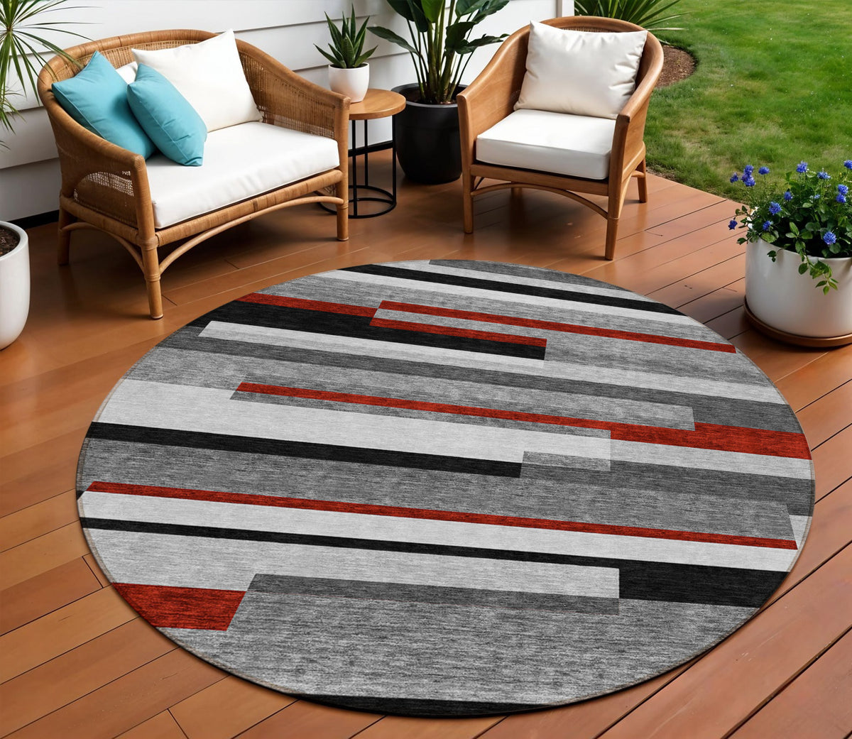 8' Gray Black And Red Round Striped Washable Indoor Outdoor Area Rug