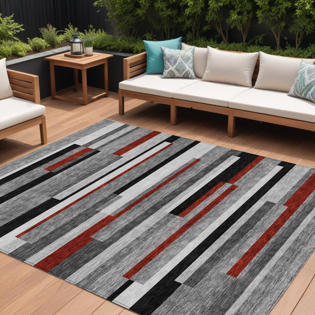 9' X 12' Gray Black And Red Striped Washable Indoor Outdoor Area Rug