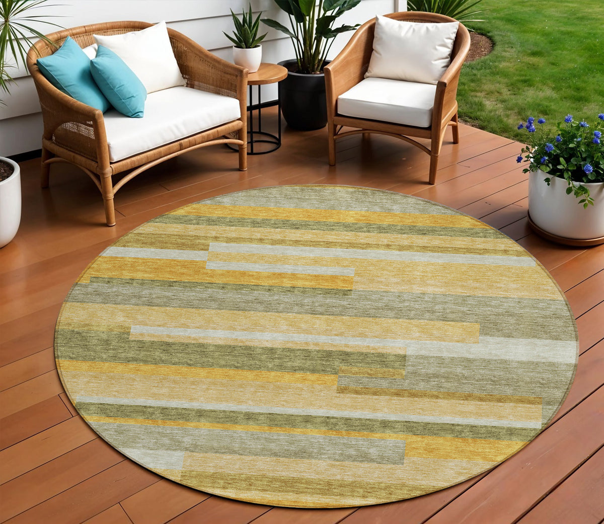 8' Gold Wheat And Ivory Round Striped Washable Indoor Outdoor Area Rug