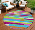 8' Lavender Orange And Lime Green Round Striped Washable Indoor Outdoor Area Rug