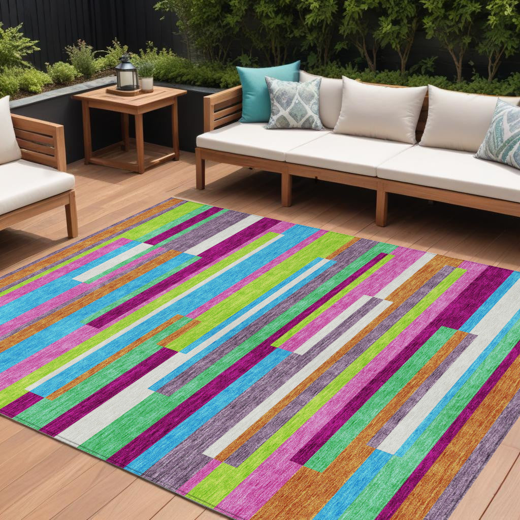 9' X 12' Lavender Orange And Lime Green Striped Washable Indoor Outdoor Area Rug