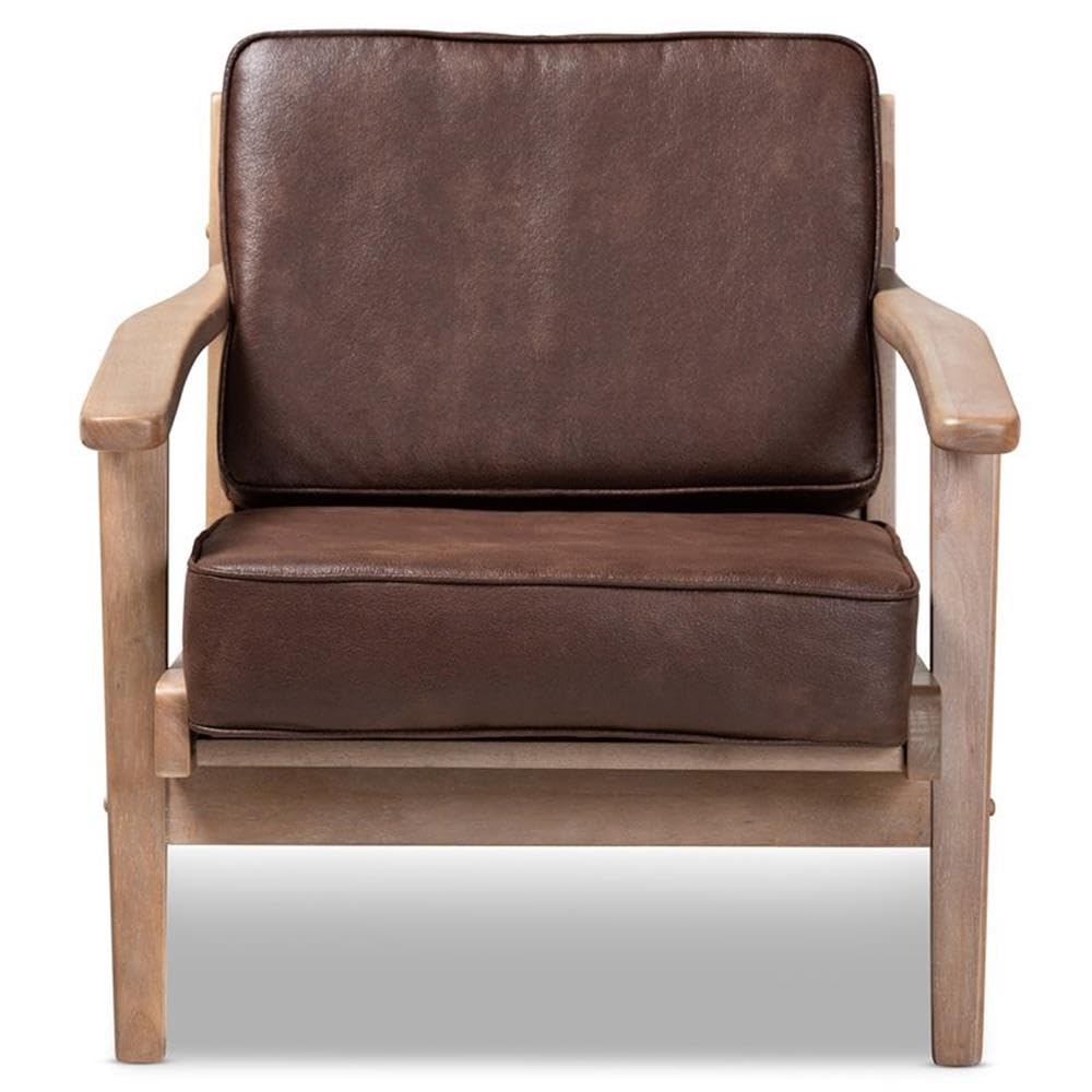 Baxton Studio Sigrid Mid-Century Modern Dark Brown Faux Leather Effect Fabric Upholstered Antique Oak Finished Wood Armchair