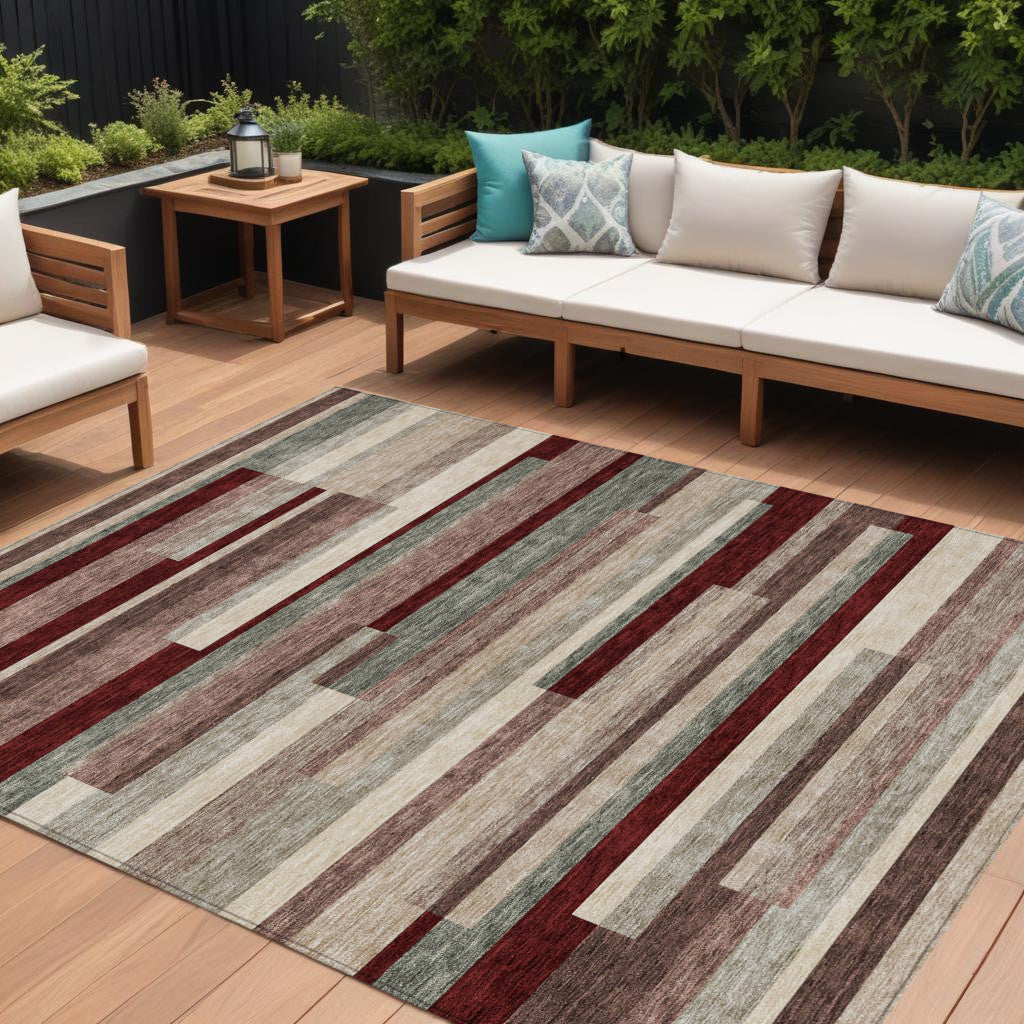 9' X 12' Merlot Burgundy And Beige Striped Washable Indoor Outdoor Area Rug