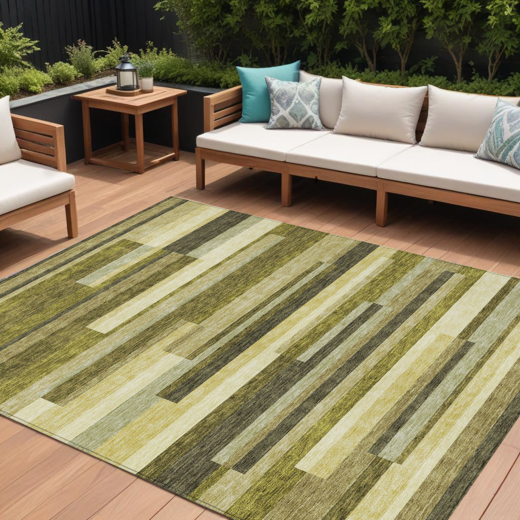 9' X 12' Olive Green Ivory And Beige Striped Washable Indoor Outdoor Area Rug