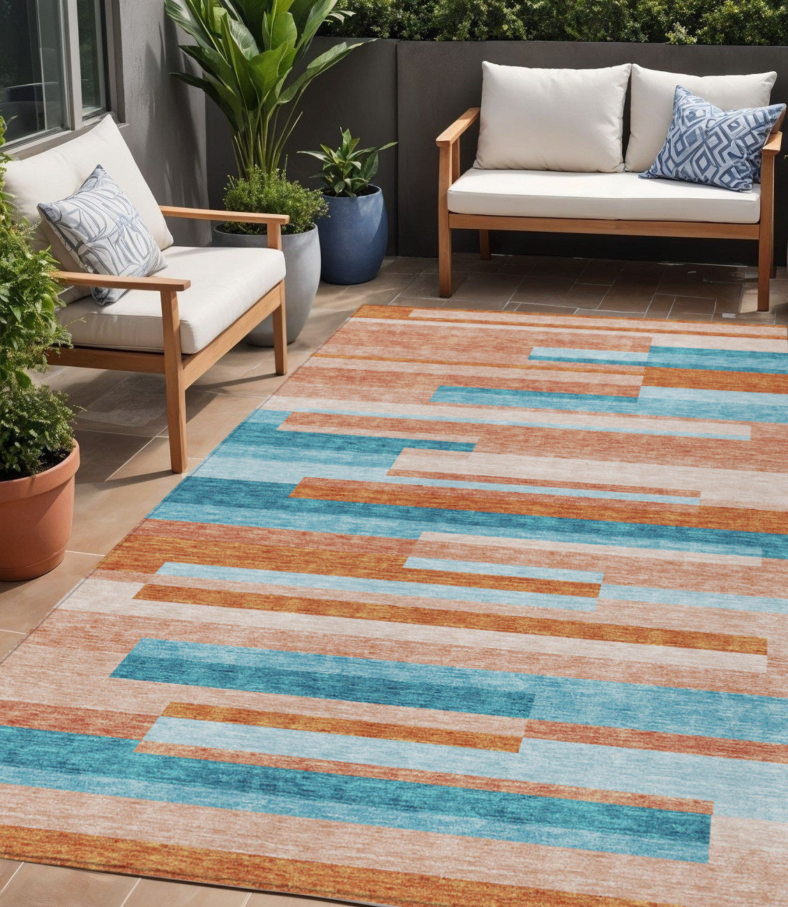 5' X 8' Orange Teal Blue And Salmon Striped Washable Indoor Outdoor Area Rug